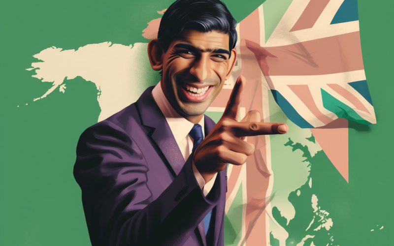 UK Prime Minister Rishi Sunak laughing and throwing a peace sign wit a bled of Nigerian flag colors and UK flag in the backgroud