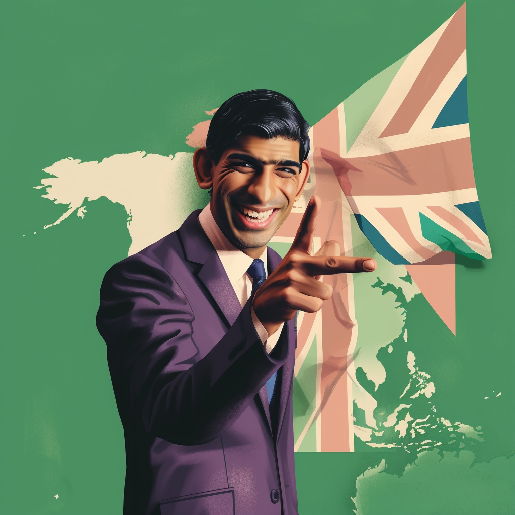 UK Prime Minister Rishi Sunak laughing and throwing a peace sign wit a bled of Nigerian flag colors and UK flag in the backgroud